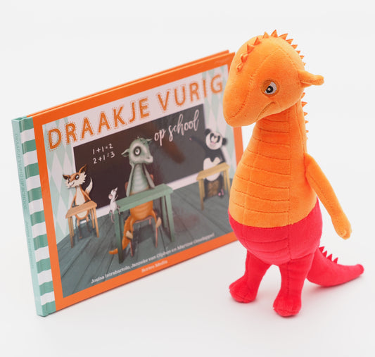 Set boek Draakje Vurig op school + Knuffel Draakje (oranje/rood)